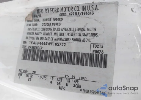 1998 Ford Mustang from USA, damaged, VIN 1FAFP4445WF182722